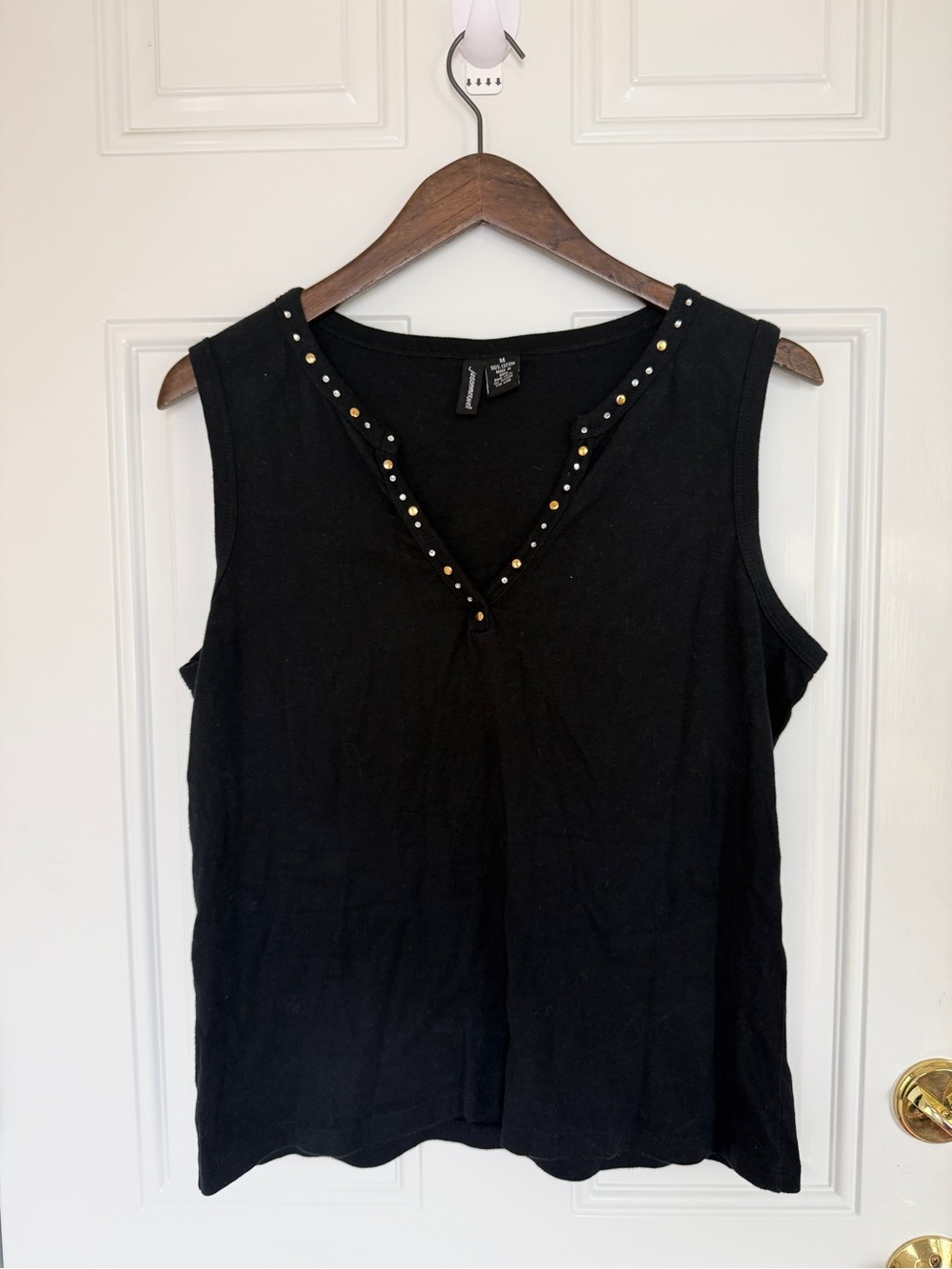 Sleeveless Black V-Neck Tank with Metallic Stud Detail - Picture 1 of 5